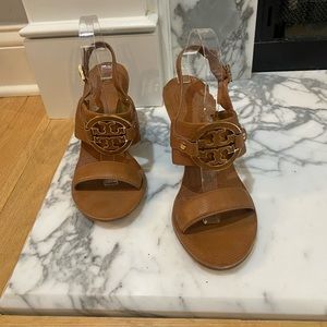 Tory Burch tan Miller logo wedge sandals